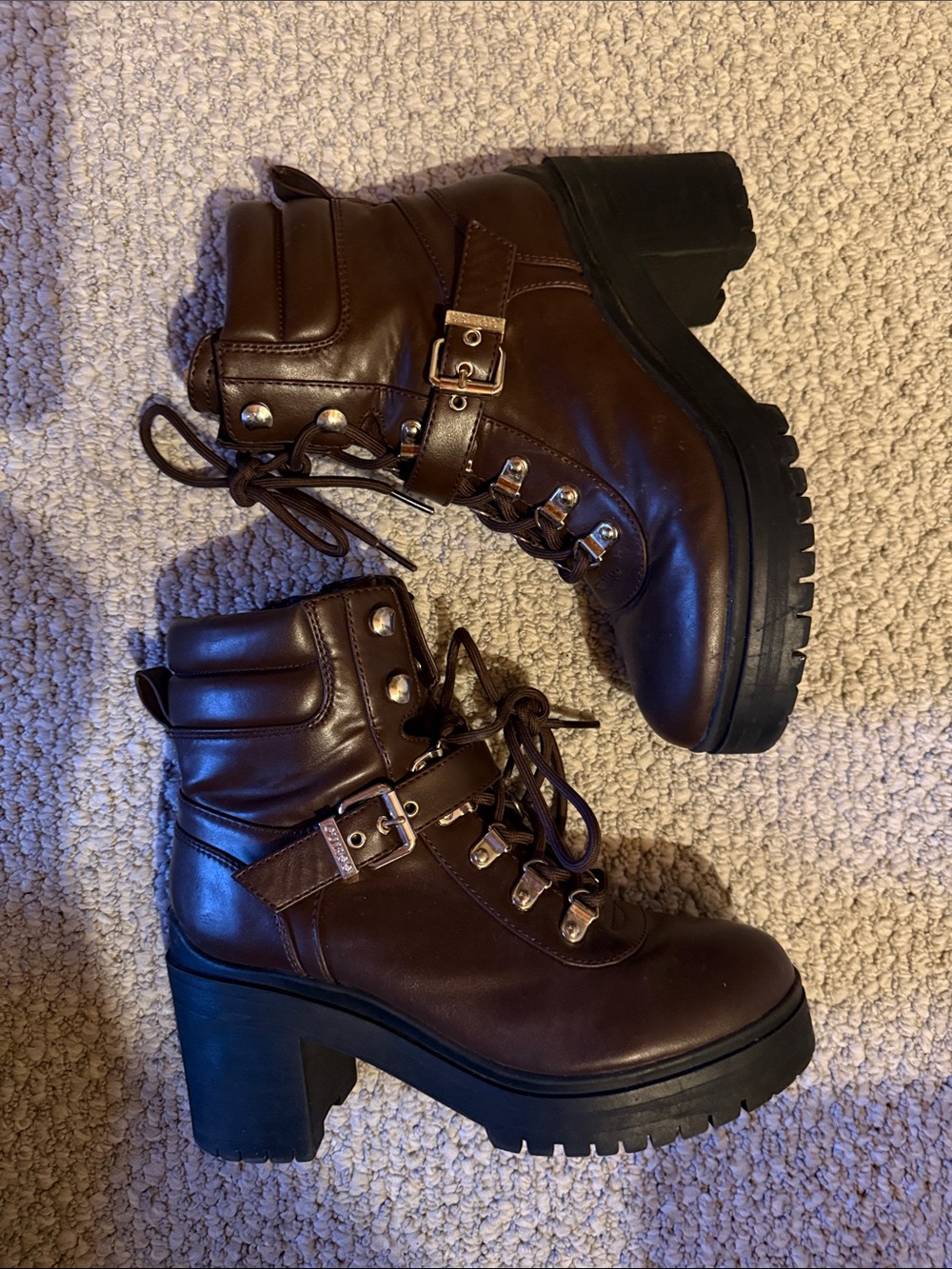 Guess Brown Lace-Up Chunky Heel Ankle Boots